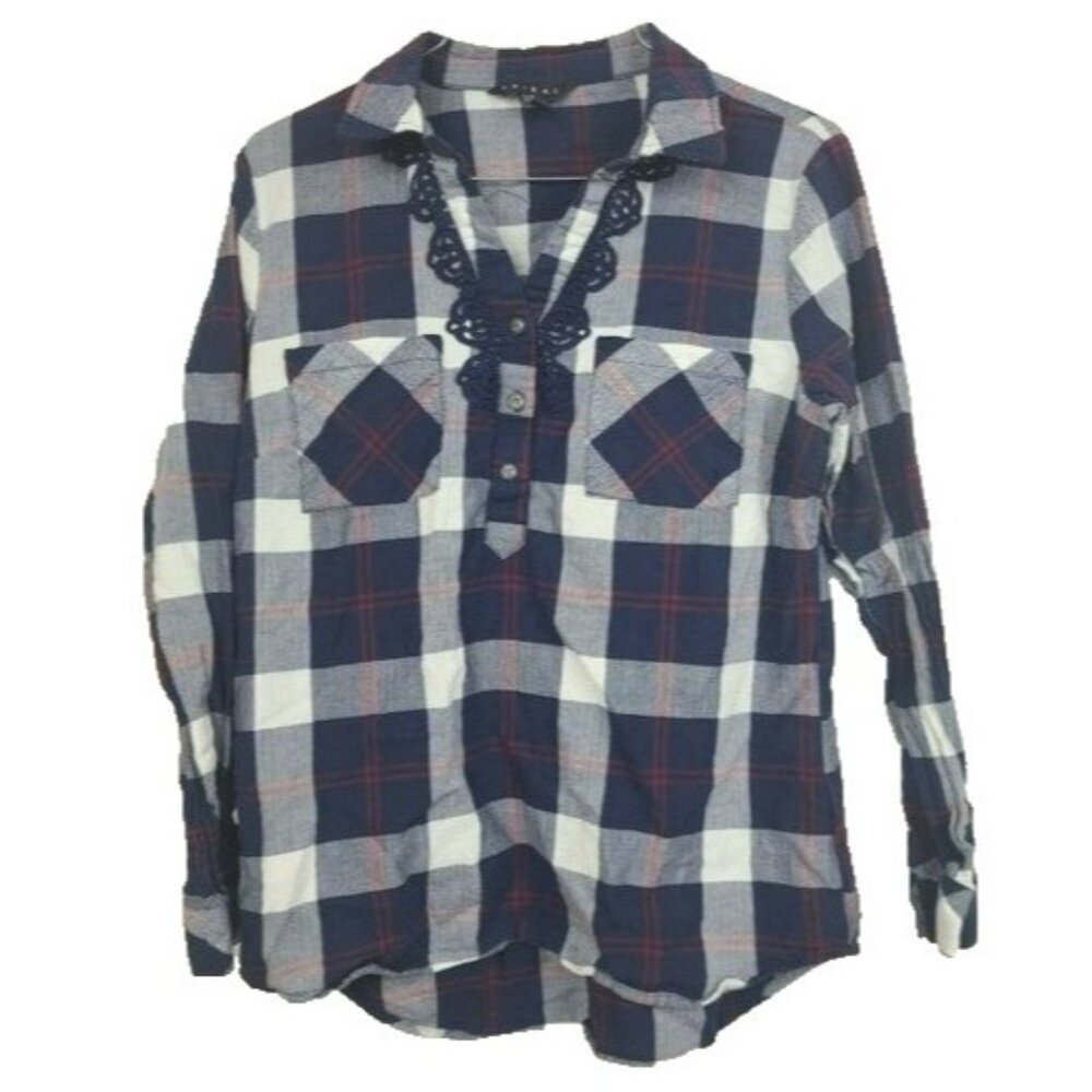 Tribal Womens BOHO Top Medium Navy Plaid Crochet Long Sleeve‎ Pullover Casual